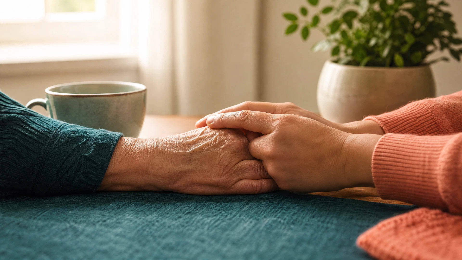 A person resting their hands thoughtfully on a table next to a cup of tea.