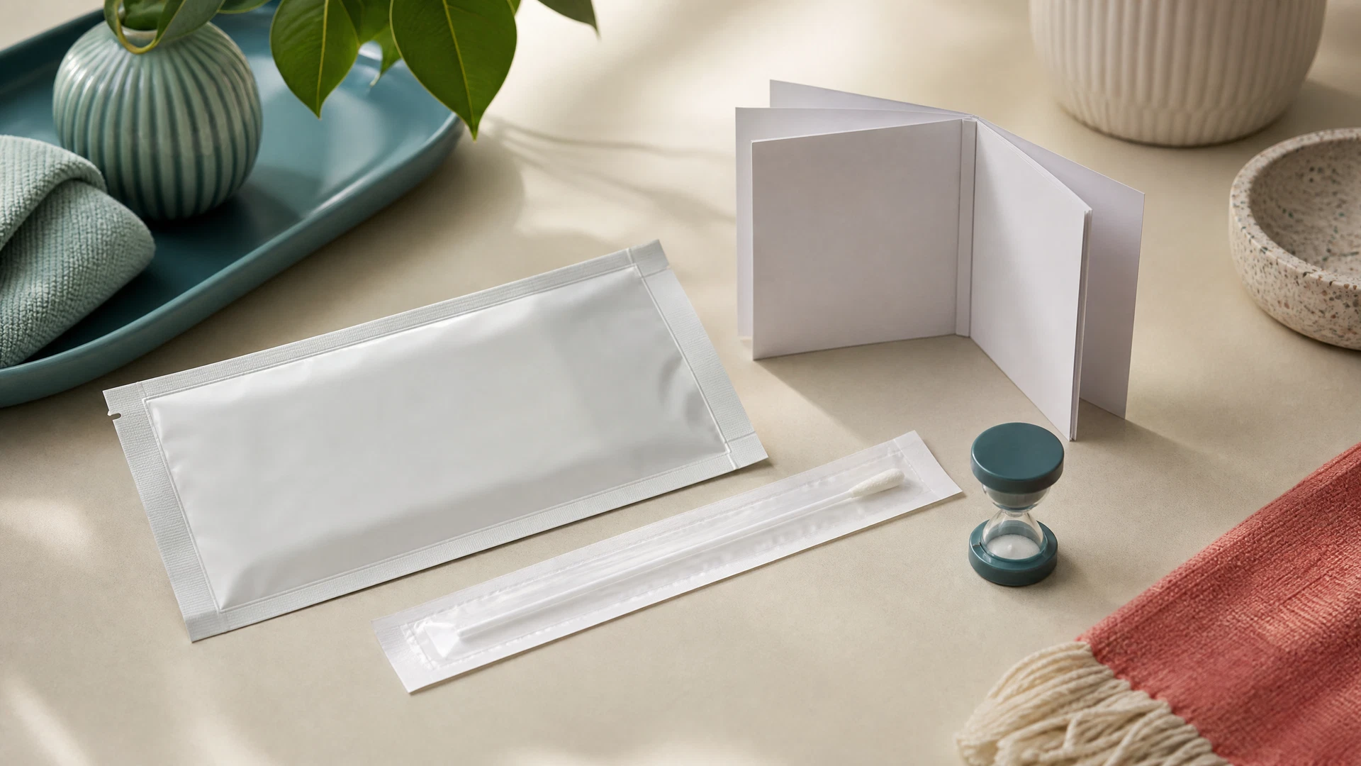A clean, organized arrangement of generic medical testing supplies on a smooth surface.