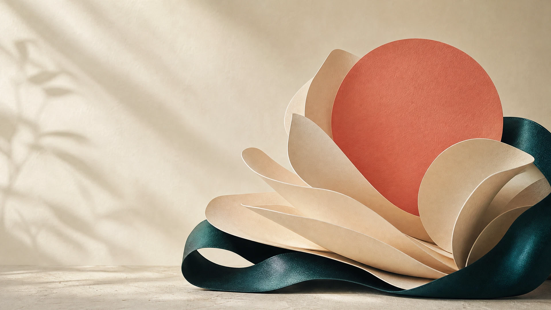A calming, abstract composition of soft cream and deep teal organic shapes symbolizing health and care.