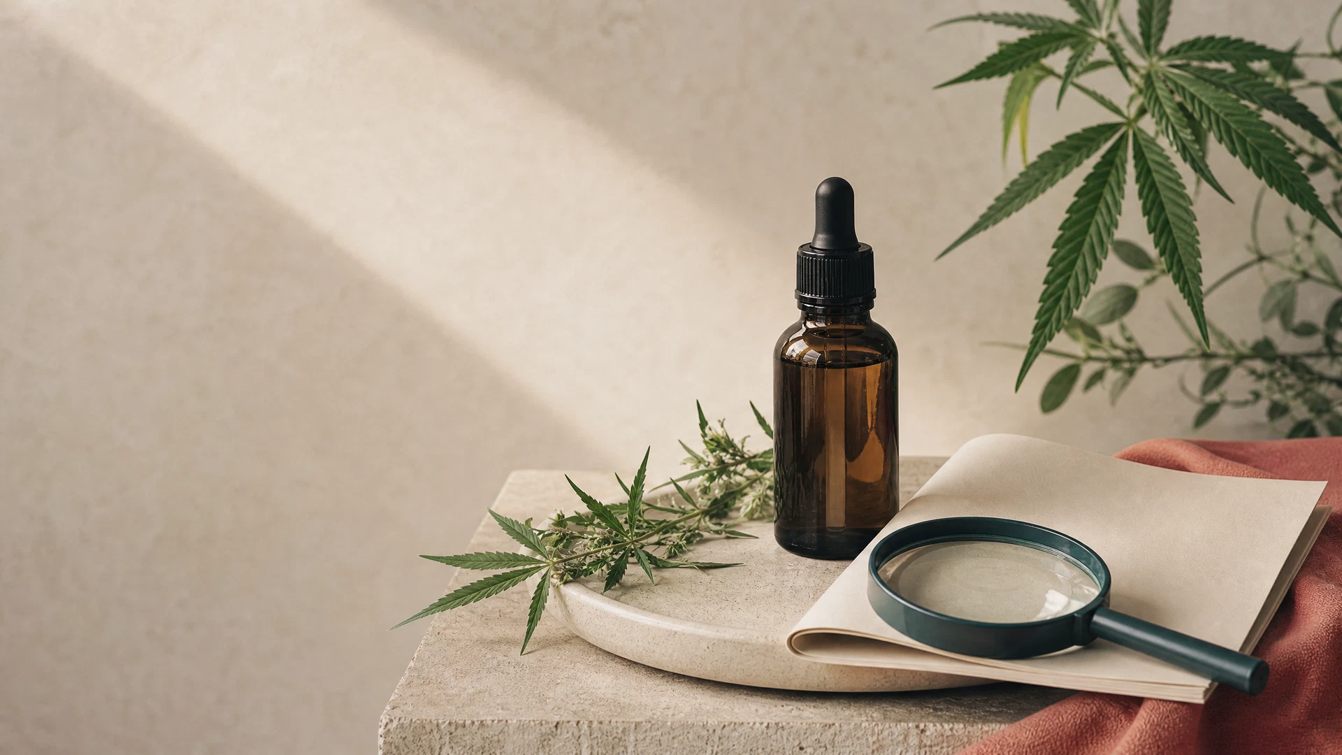 A calm, balanced arrangement of natural botanical elements and simple wellness objects on a muted coral surface.