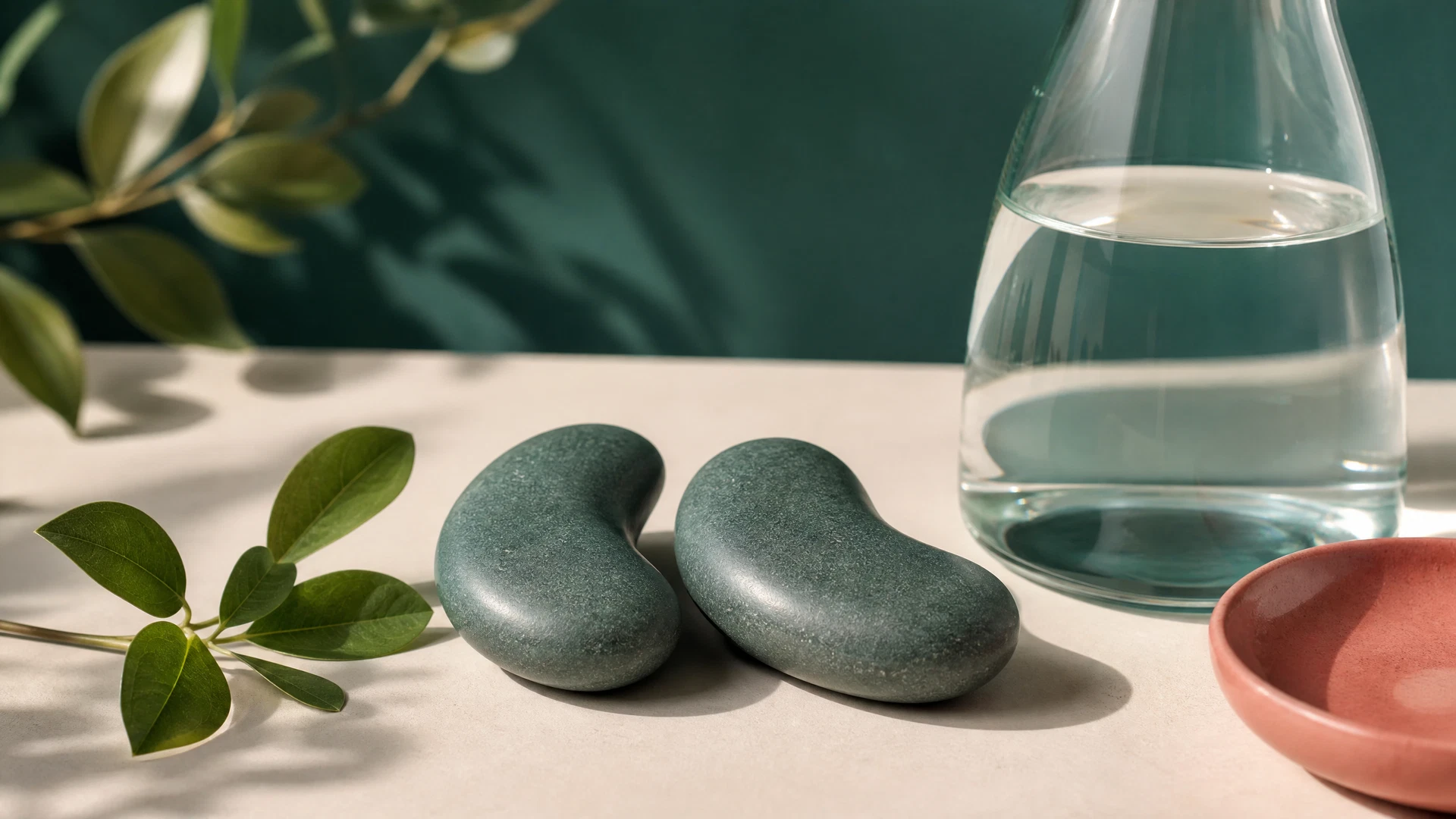 A calming abstract representation of balanced fluid elements and soft botanical shapes in deep teal and cream.