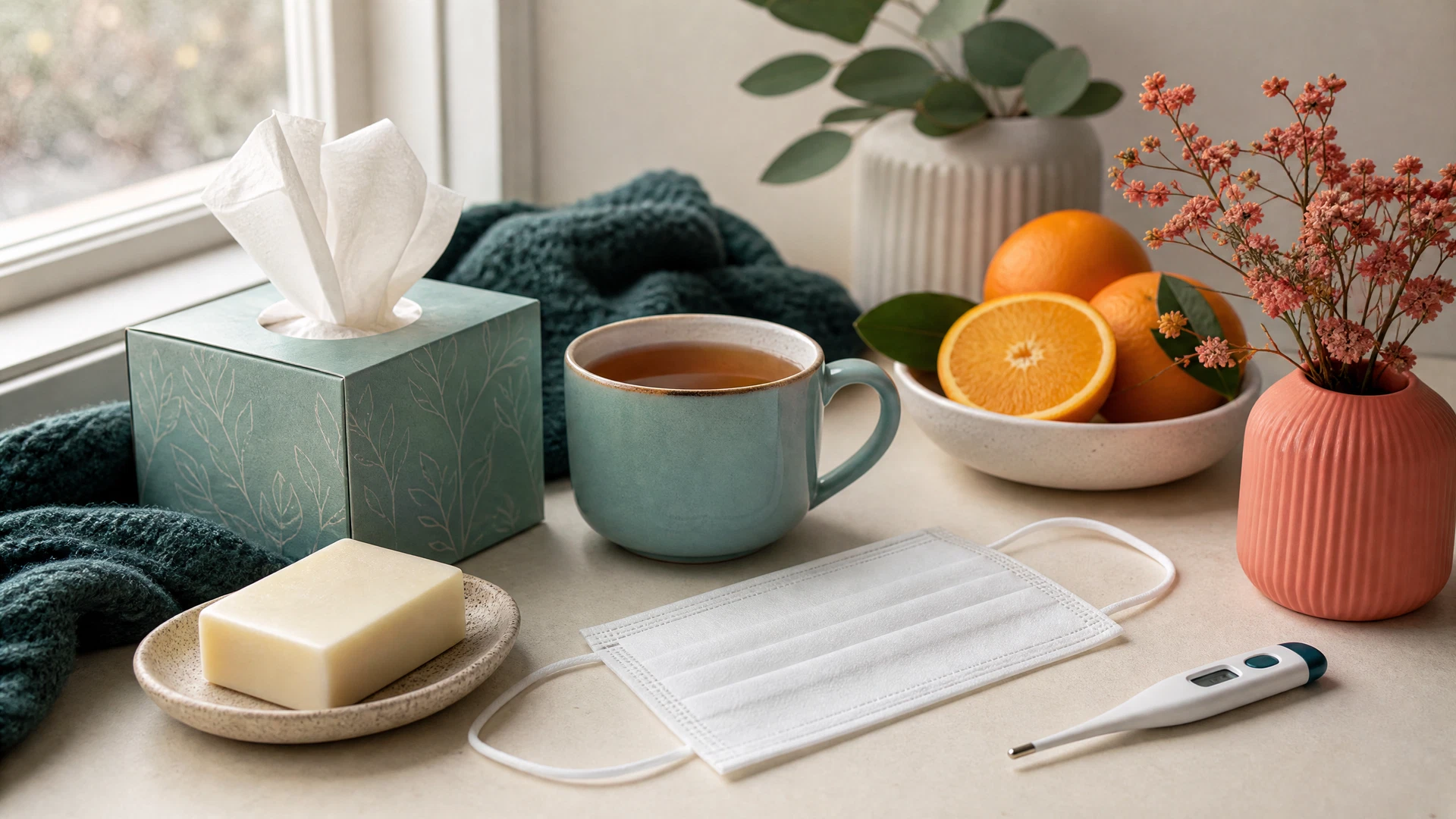 A warm cup of herbal tea next to a neatly folded tissue box on a wooden table.