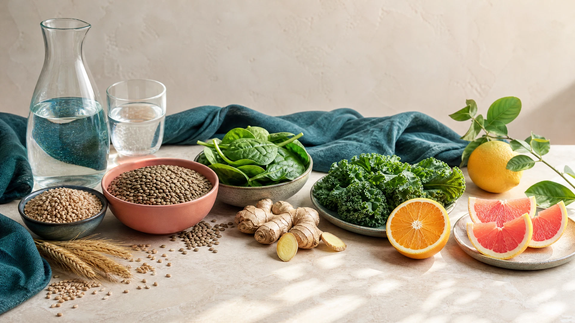A balanced meal with high-fiber foods like vegetables and whole grains alongside a glass of water.