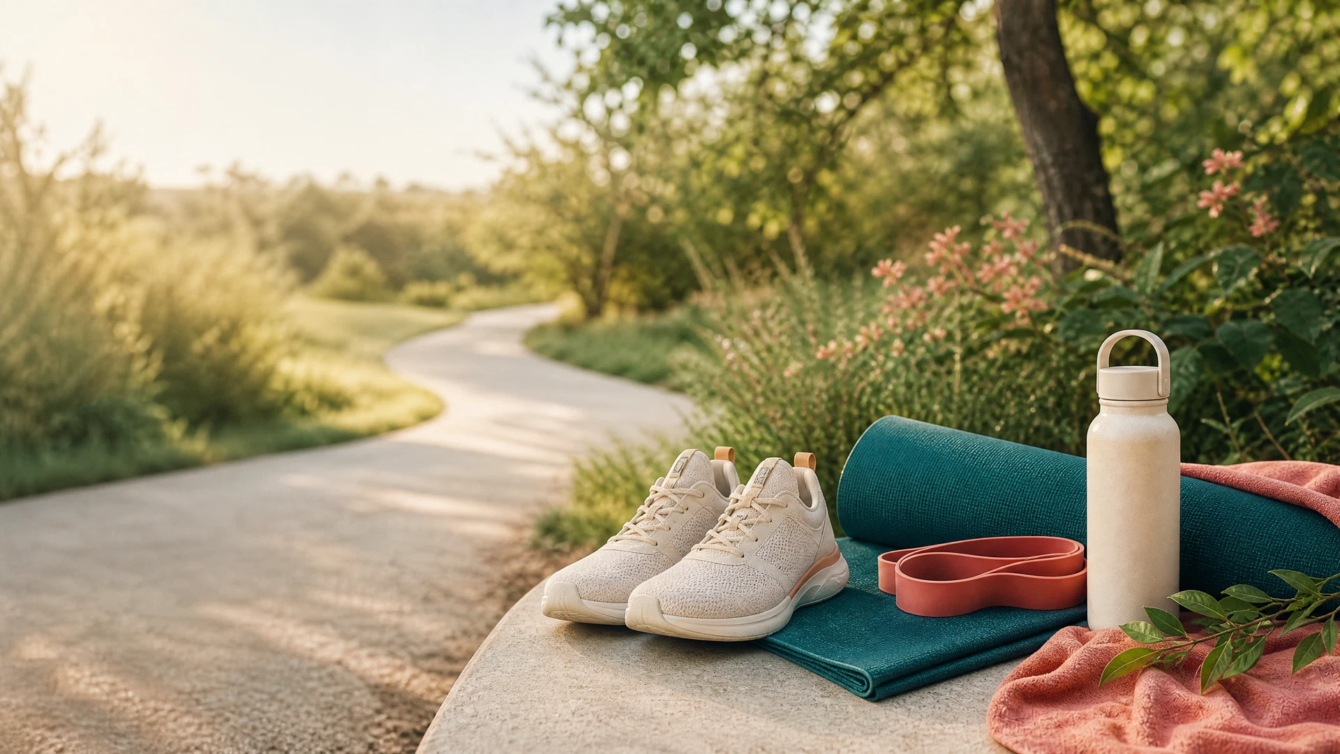 A person engaging in a light outdoor physical activity, such as brisk walking or stretching, in a serene environment.