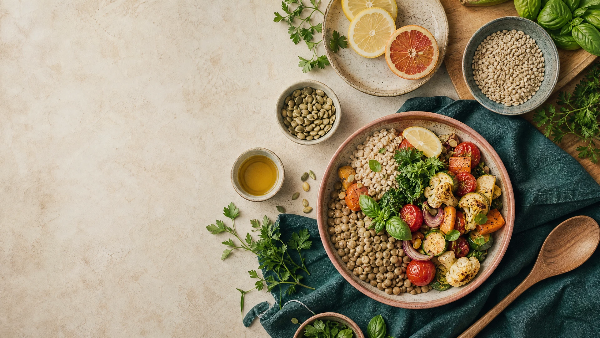 A top-down view of fresh, colorful vegetables and whole grains arranged on a clean kitchen counter.