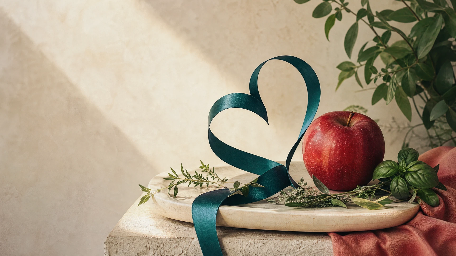 A serene conceptual arrangement of a stethoscope and a fresh apple on a soft teal background.
