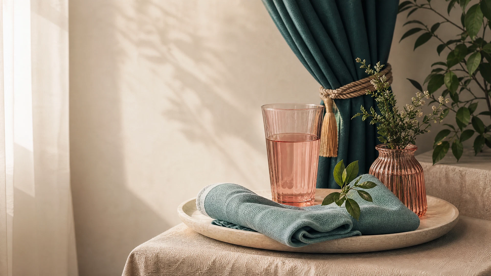 A serene, abstract representation of calm and balance in muted coral and deep teal tones.