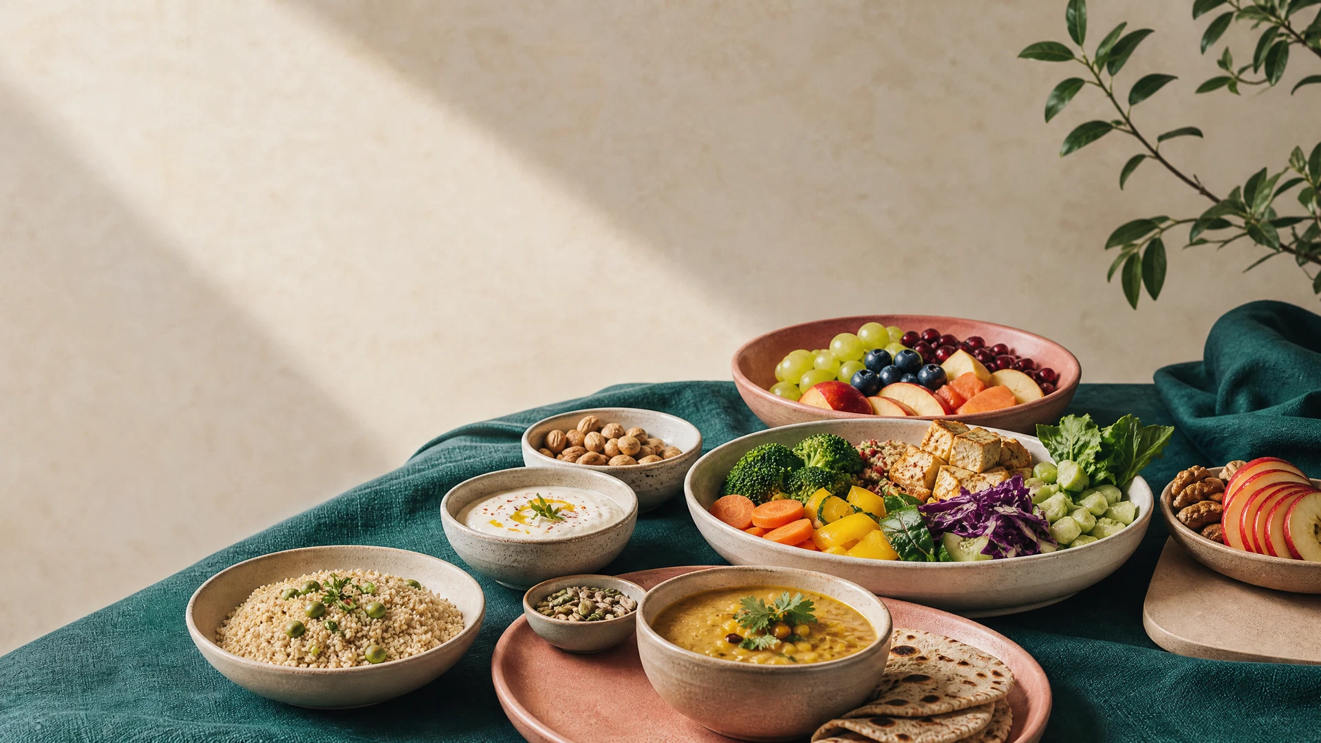 A balanced arrangement of fresh vegetables, whole grains, and legumes on a clean surface.