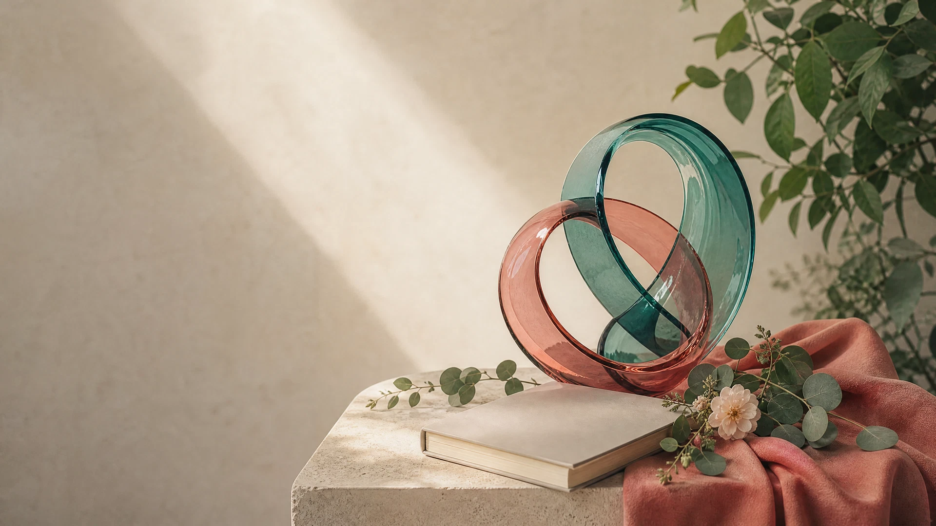 A calm, abstract representation of connection and well-being in muted coral and deep teal tones.