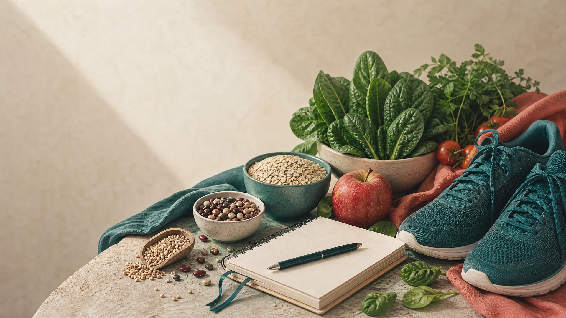 A calm and modern editorial illustration representing health and wellness in a muted color palette.