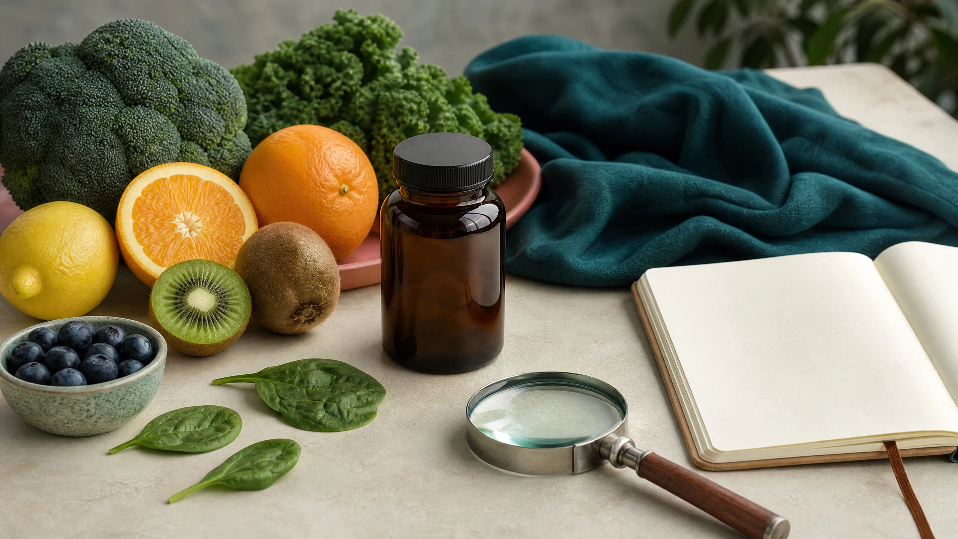 A calm, softly lit arrangement of fresh fruits, vegetables, and a simple glass of water.