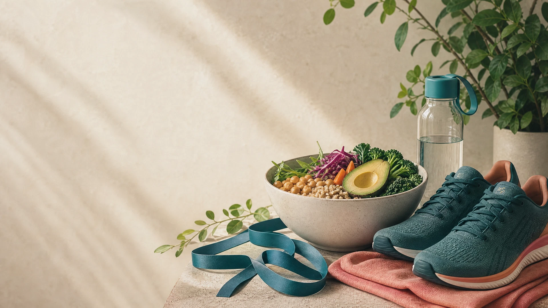 A calm, organized space with a bowl of fresh fruit, a glass of water, and walking shoes on a natural wooden floor.
