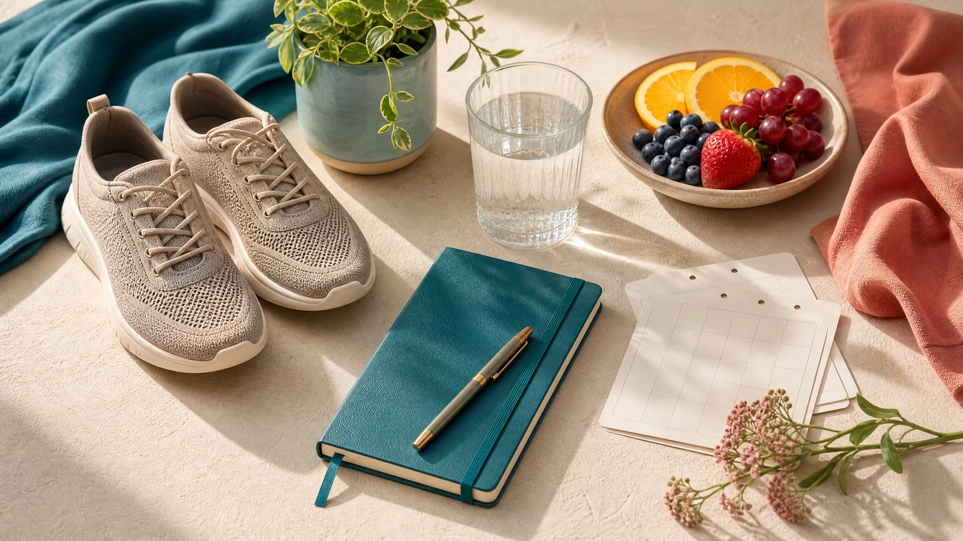 A calm, abstract representation of women's wellness in muted coral and deep teal tones.