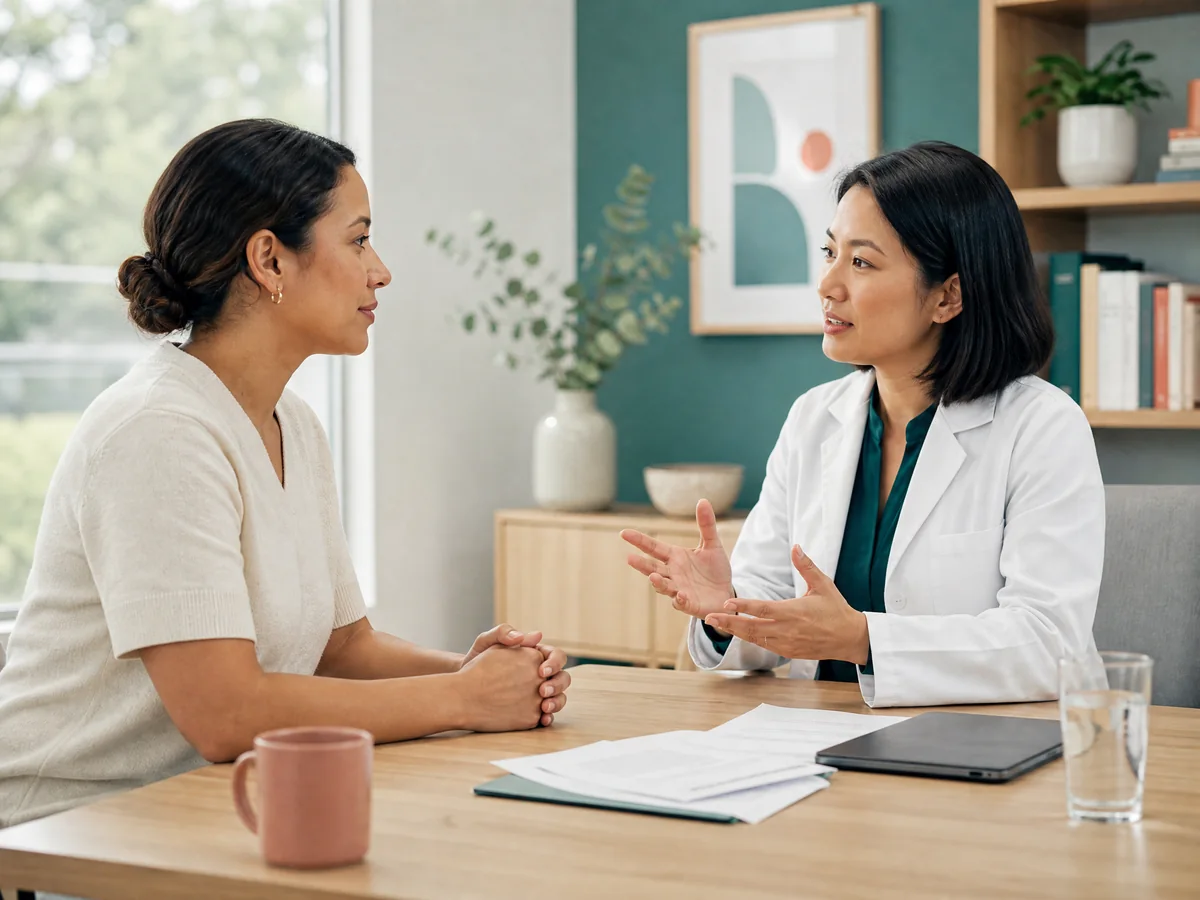 A patient and healthcare professional having a calm preventive-care conversation
